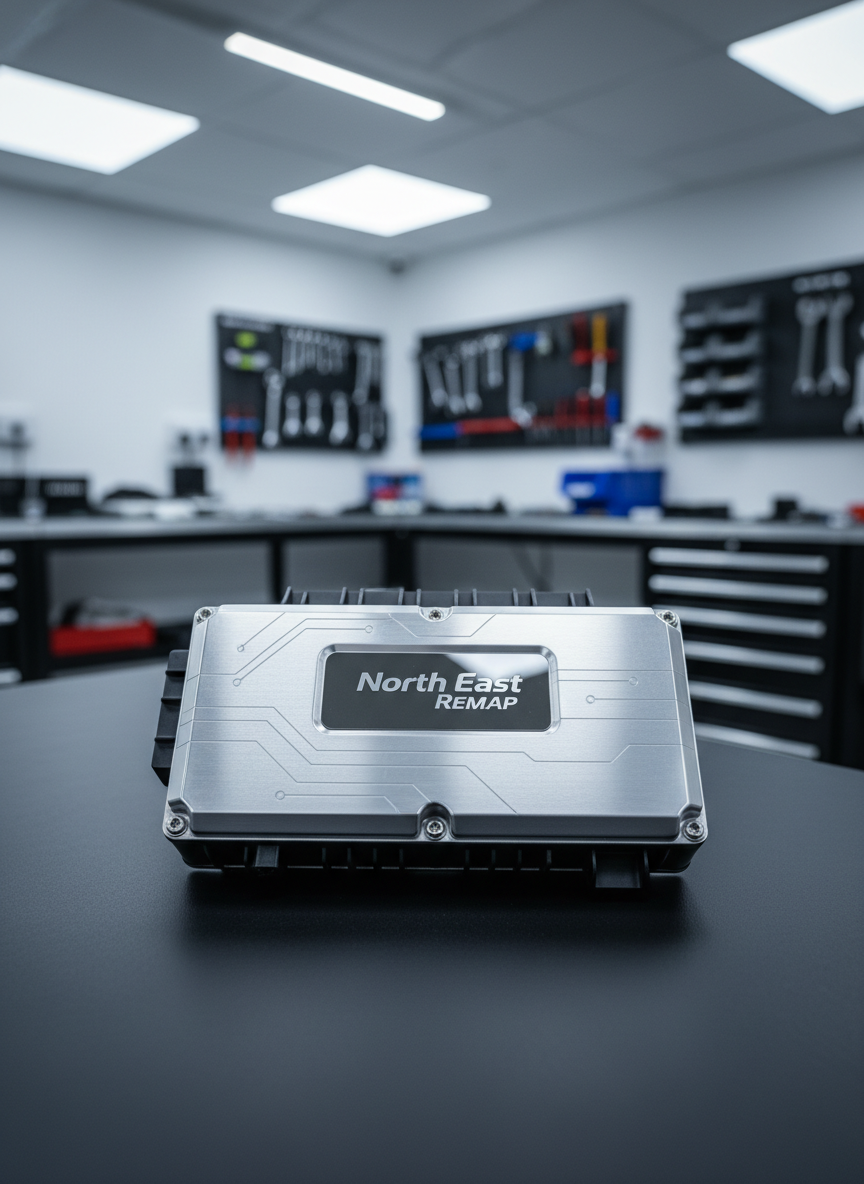 A meticulously detailed closeup of a modern ECU unit, its brushed aluminum casing featuring subtle etched circuits and smooth, reflective surfaces with a discrete North East Remap logo. Set atop a matte black workbench within a spotless, well-organized automotive shop space. Cool, diffused overhead LEDs provide uniform, shadow-free lighting, emphasizing the texture and clean lines of the unit while softly illuminating the neutral-toned background. The composition is centered at eye-level with a shallow depth of field, highlighting the ECU’s precision engineering. The overall mood is professional, clean, and high-tech, fitting a corporate, photographic realism style.